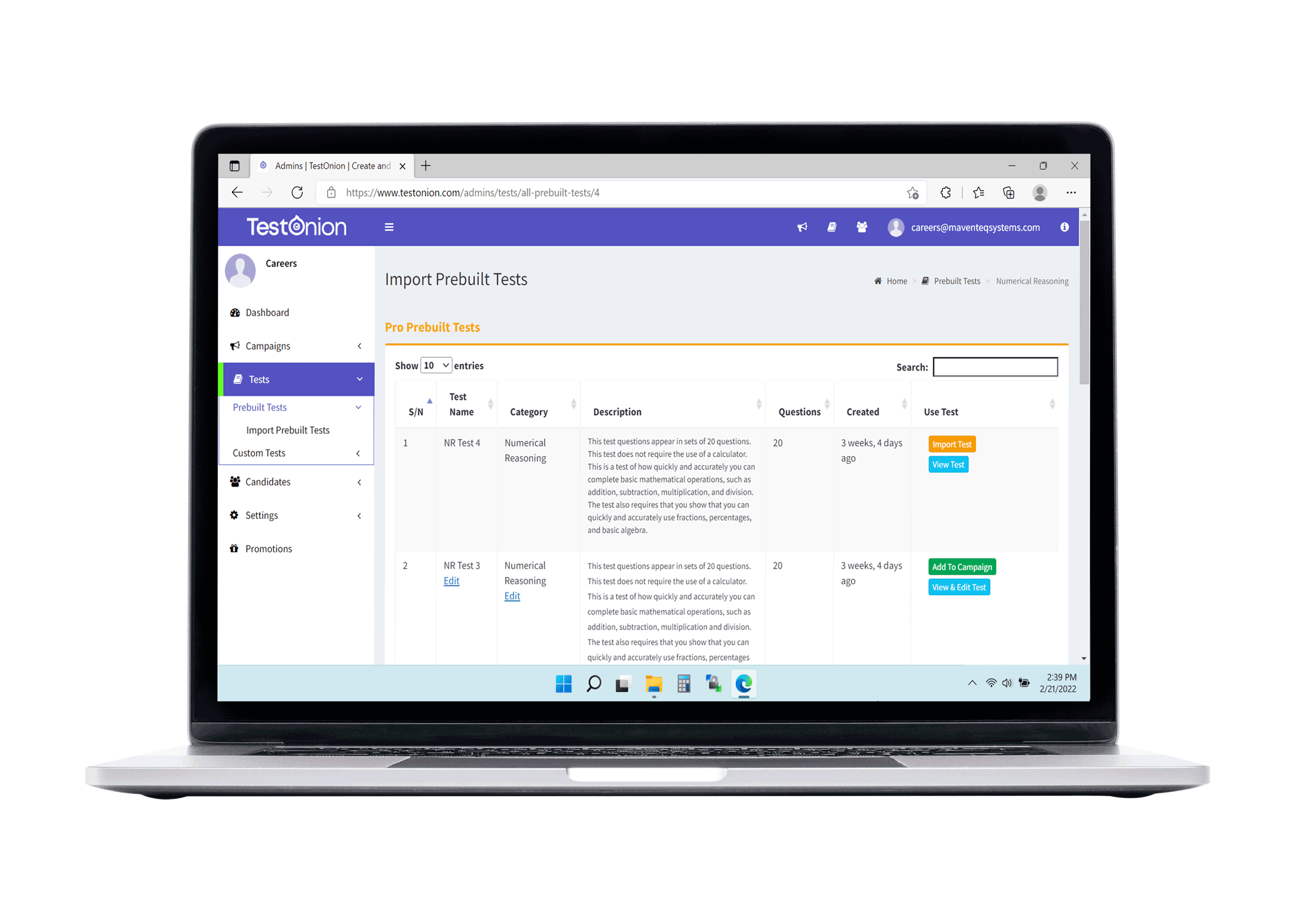 TestOnion Prebuilt Test Interface